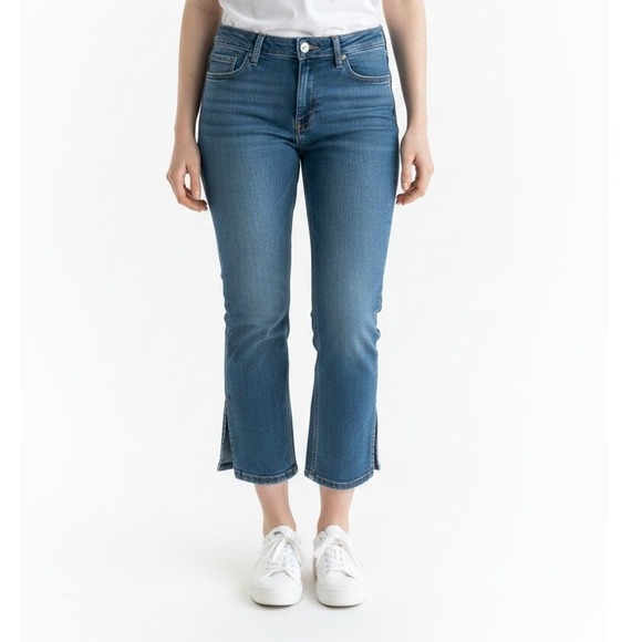 GAP Denim - Gap Women Blue Cropped Boot Cut Jeans Side Slit Petal Hem Medium Wash Denim